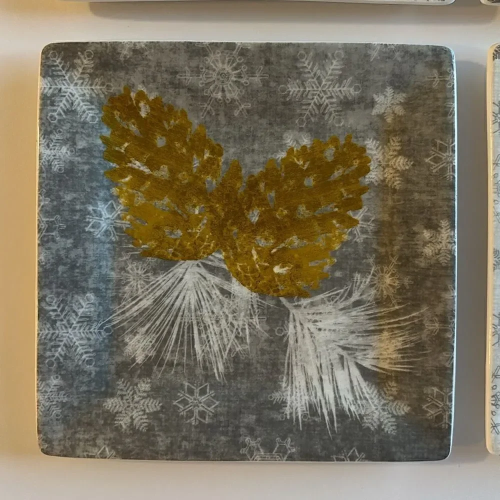 PPD Set of 4 Gold Gray Contemporary Appetizer Christmas Plates Bone China